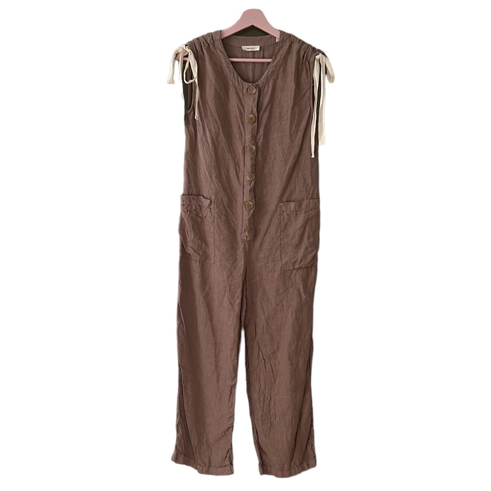 SITA MURT Light Brown Linen Tie Shoulder Button Utility Jumpsuit - 36 / 2 US